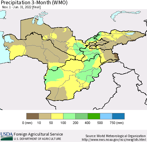 Central Asia Precipitation 3-Month (WMO) Thematic Map For 11/1/2021 - 1/31/2022