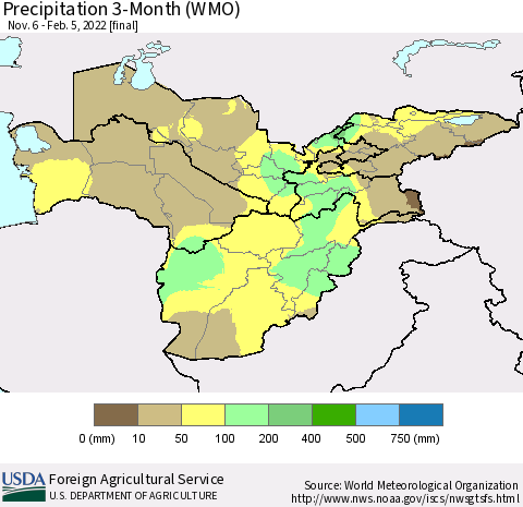 Central Asia Precipitation 3-Month (WMO) Thematic Map For 11/6/2021 - 2/5/2022