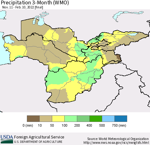 Central Asia Precipitation 3-Month (WMO) Thematic Map For 11/11/2021 - 2/10/2022