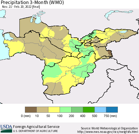 Central Asia Precipitation 3-Month (WMO) Thematic Map For 11/21/2021 - 2/20/2022