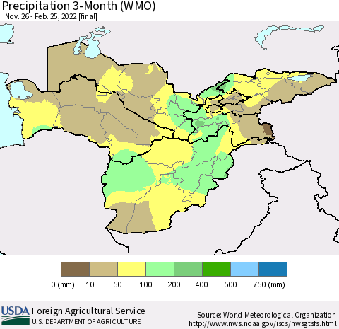 Central Asia Precipitation 3-Month (WMO) Thematic Map For 11/26/2021 - 2/25/2022