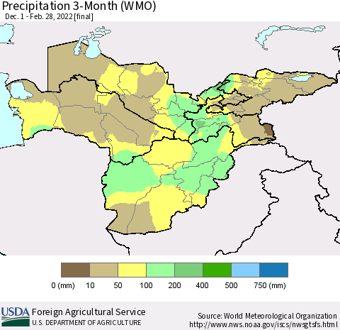 Central Asia Precipitation 3-Month (WMO) Thematic Map For 12/1/2021 - 2/28/2022