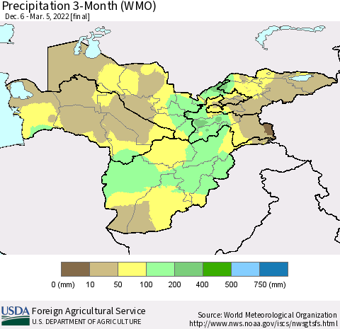 Central Asia Precipitation 3-Month (WMO) Thematic Map For 12/6/2021 - 3/5/2022
