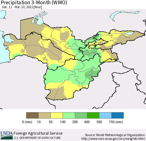 Central Asia Precipitation 3-Month (WMO) Thematic Map For 12/11/2021 - 3/10/2022