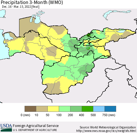Central Asia Precipitation 3-Month (WMO) Thematic Map For 12/16/2021 - 3/15/2022