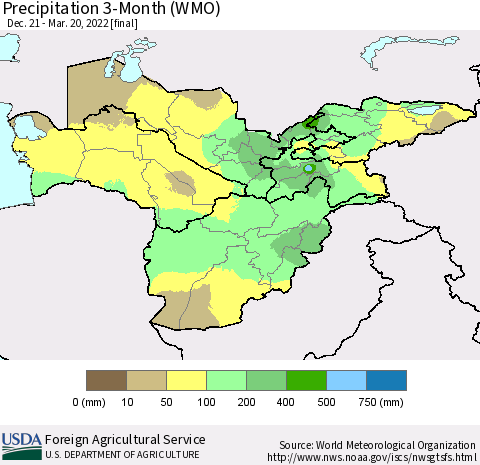 Central Asia Precipitation 3-Month (WMO) Thematic Map For 12/21/2021 - 3/20/2022