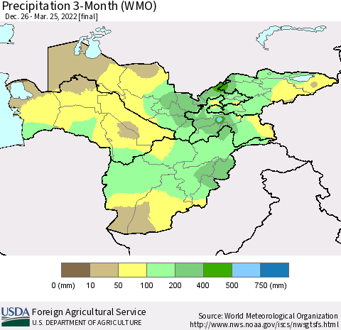 Central Asia Precipitation 3-Month (WMO) Thematic Map For 12/26/2021 - 3/25/2022