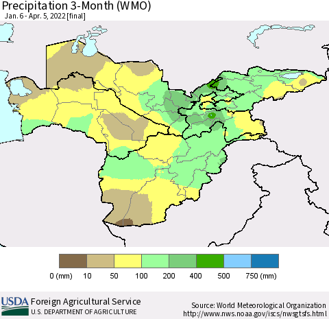 Central Asia Precipitation 3-Month (WMO) Thematic Map For 1/6/2022 - 4/5/2022