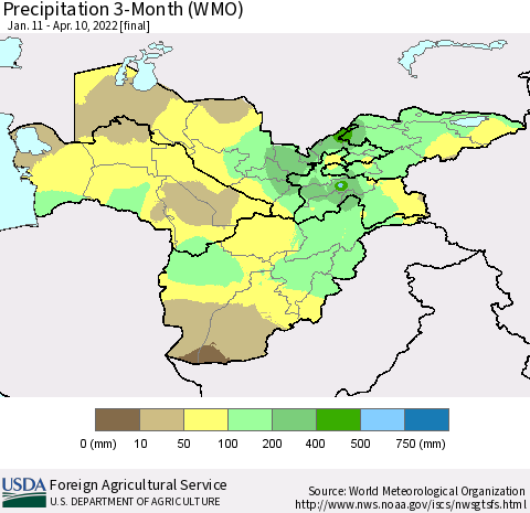 Central Asia Precipitation 3-Month (WMO) Thematic Map For 1/11/2022 - 4/10/2022