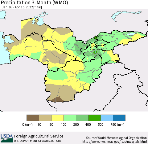Central Asia Precipitation 3-Month (WMO) Thematic Map For 1/16/2022 - 4/15/2022