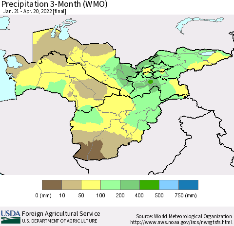 Central Asia Precipitation 3-Month (WMO) Thematic Map For 1/21/2022 - 4/20/2022