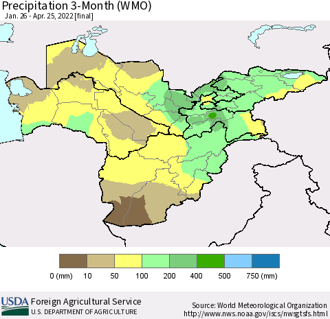 Central Asia Precipitation 3-Month (WMO) Thematic Map For 1/26/2022 - 4/25/2022