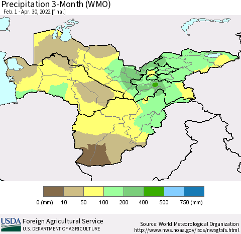 Central Asia Precipitation 3-Month (WMO) Thematic Map For 2/1/2022 - 4/30/2022
