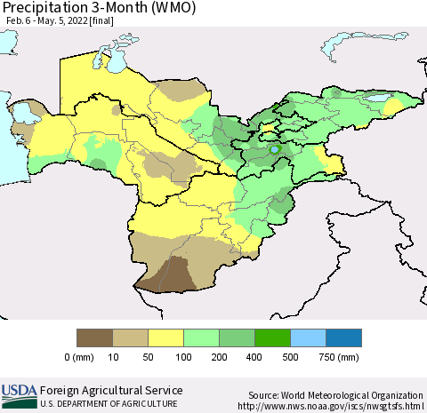 Central Asia Precipitation 3-Month (WMO) Thematic Map For 2/6/2022 - 5/5/2022