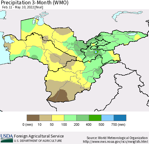 Central Asia Precipitation 3-Month (WMO) Thematic Map For 2/11/2022 - 5/10/2022