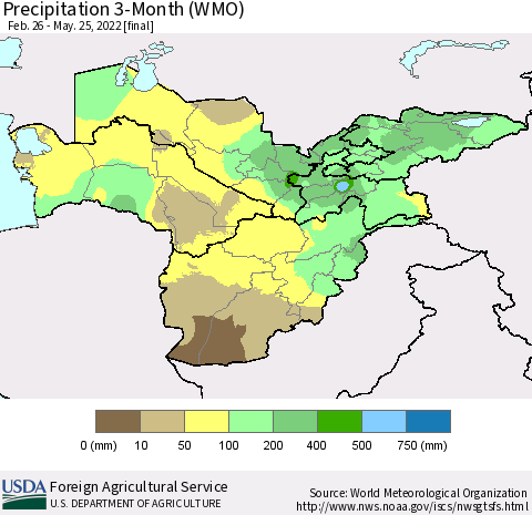 Central Asia Precipitation 3-Month (WMO) Thematic Map For 2/26/2022 - 5/25/2022