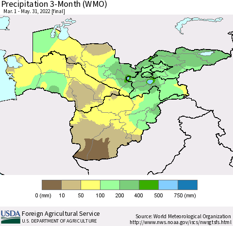 Central Asia Precipitation 3-Month (WMO) Thematic Map For 3/1/2022 - 5/31/2022