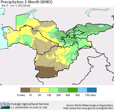 Central Asia Precipitation 3-Month (WMO) Thematic Map For 3/6/2022 - 6/5/2022