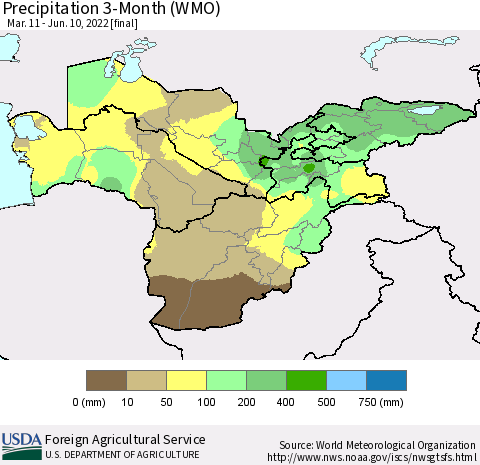 Central Asia Precipitation 3-Month (WMO) Thematic Map For 3/11/2022 - 6/10/2022