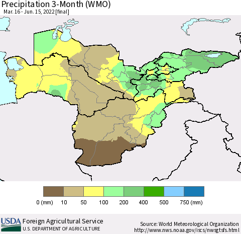 Central Asia Precipitation 3-Month (WMO) Thematic Map For 3/16/2022 - 6/15/2022