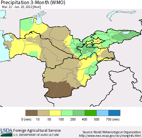 Central Asia Precipitation 3-Month (WMO) Thematic Map For 3/21/2022 - 6/20/2022