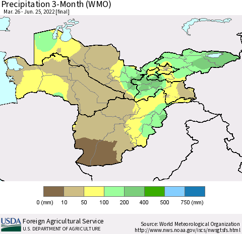 Central Asia Precipitation 3-Month (WMO) Thematic Map For 3/26/2022 - 6/25/2022