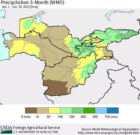 Central Asia Precipitation 3-Month (WMO) Thematic Map For 4/1/2022 - 6/30/2022