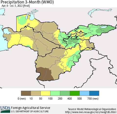 Central Asia Precipitation 3-Month (WMO) Thematic Map For 4/6/2022 - 7/5/2022