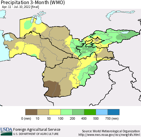 Central Asia Precipitation 3-Month (WMO) Thematic Map For 4/11/2022 - 7/10/2022