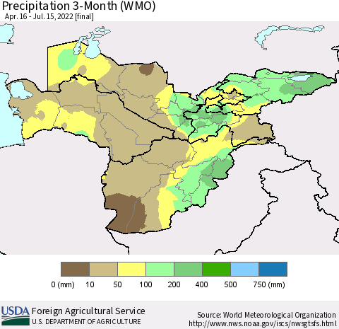 Central Asia Precipitation 3-Month (WMO) Thematic Map For 4/16/2022 - 7/15/2022