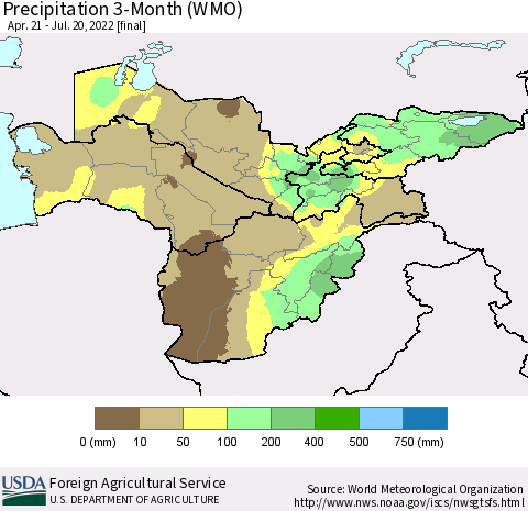 Central Asia Precipitation 3-Month (WMO) Thematic Map For 4/21/2022 - 7/20/2022