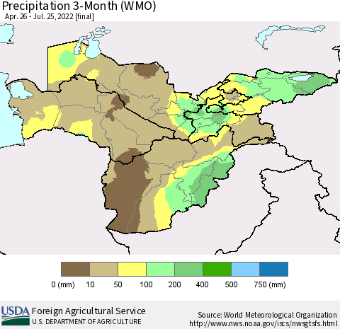 Central Asia Precipitation 3-Month (WMO) Thematic Map For 4/26/2022 - 7/25/2022