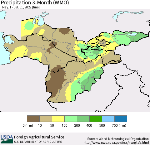 Central Asia Precipitation 3-Month (WMO) Thematic Map For 5/1/2022 - 7/31/2022