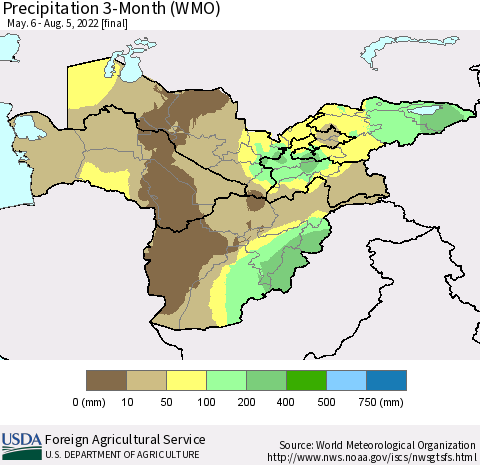 Central Asia Precipitation 3-Month (WMO) Thematic Map For 5/6/2022 - 8/5/2022