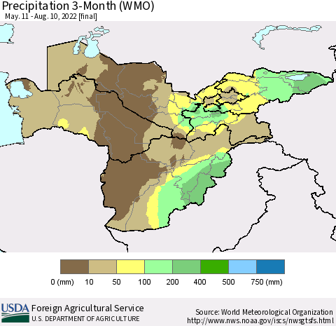 Central Asia Precipitation 3-Month (WMO) Thematic Map For 5/11/2022 - 8/10/2022