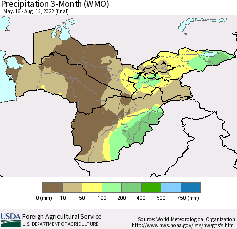 Central Asia Precipitation 3-Month (WMO) Thematic Map For 5/16/2022 - 8/15/2022
