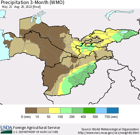 Central Asia Precipitation 3-Month (WMO) Thematic Map For 5/21/2022 - 8/20/2022