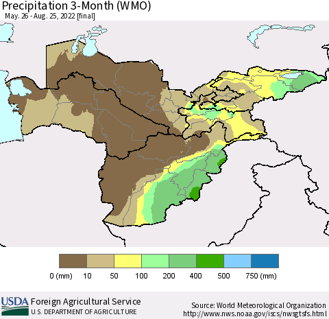 Central Asia Precipitation 3-Month (WMO) Thematic Map For 5/26/2022 - 8/25/2022