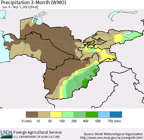 Central Asia Precipitation 3-Month (WMO) Thematic Map For 6/6/2022 - 9/5/2022