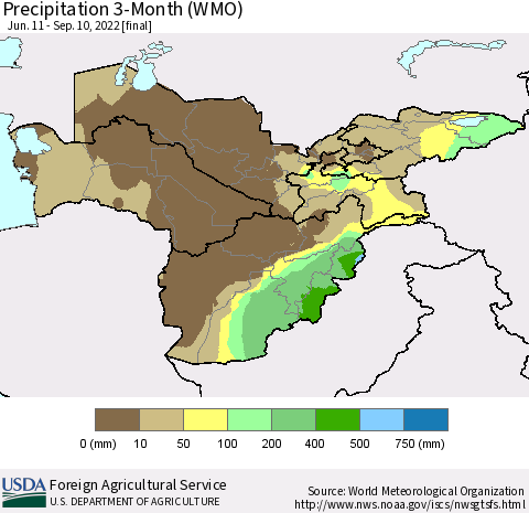 Central Asia Precipitation 3-Month (WMO) Thematic Map For 6/11/2022 - 9/10/2022