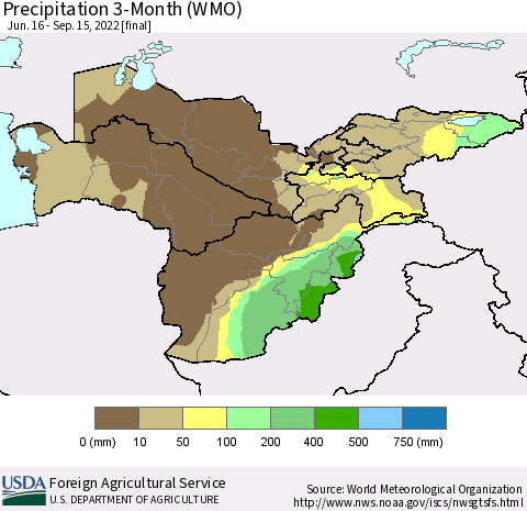 Central Asia Precipitation 3-Month (WMO) Thematic Map For 6/16/2022 - 9/15/2022