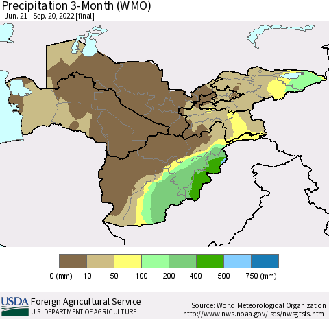 Central Asia Precipitation 3-Month (WMO) Thematic Map For 6/21/2022 - 9/20/2022