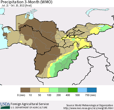 Central Asia Precipitation 3-Month (WMO) Thematic Map For 7/21/2022 - 10/20/2022