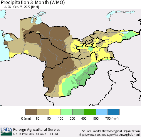 Central Asia Precipitation 3-Month (WMO) Thematic Map For 7/26/2022 - 10/25/2022