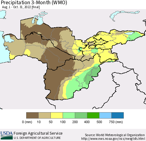 Central Asia Precipitation 3-Month (WMO) Thematic Map For 8/1/2022 - 10/31/2022
