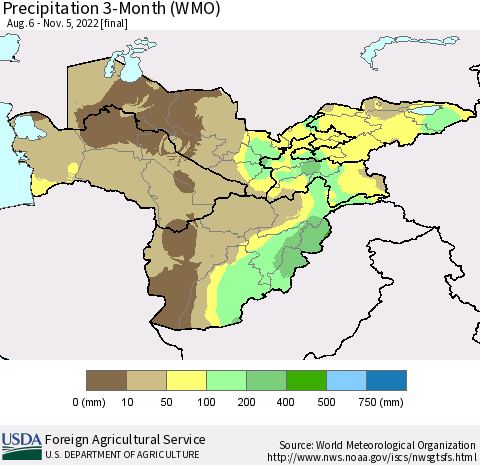 Central Asia Precipitation 3-Month (WMO) Thematic Map For 8/6/2022 - 11/5/2022