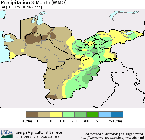Central Asia Precipitation 3-Month (WMO) Thematic Map For 8/11/2022 - 11/10/2022