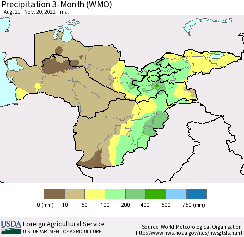 Central Asia Precipitation 3-Month (WMO) Thematic Map For 8/21/2022 - 11/20/2022