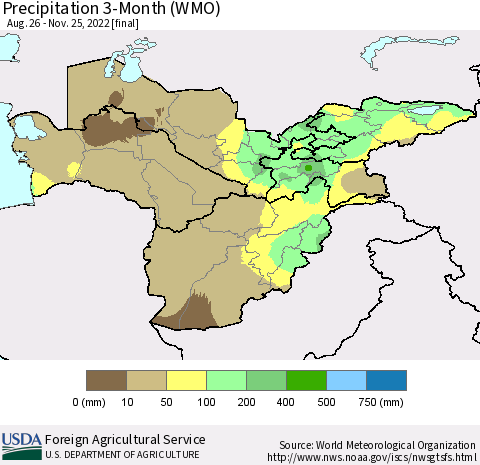 Central Asia Precipitation 3-Month (WMO) Thematic Map For 8/26/2022 - 11/25/2022