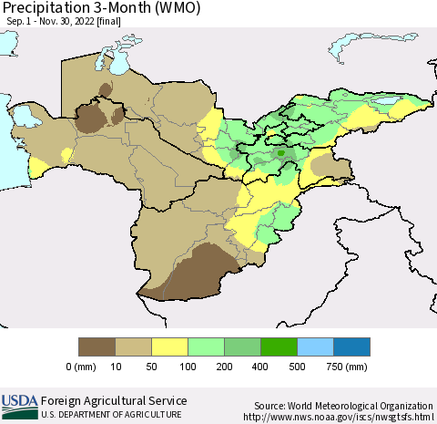 Central Asia Precipitation 3-Month (WMO) Thematic Map For 9/1/2022 - 11/30/2022